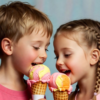 Boy and girl eating ice cream cones