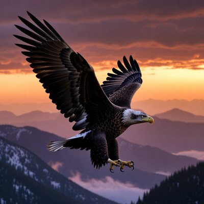 Bald Eagle Flying Over Mountains
