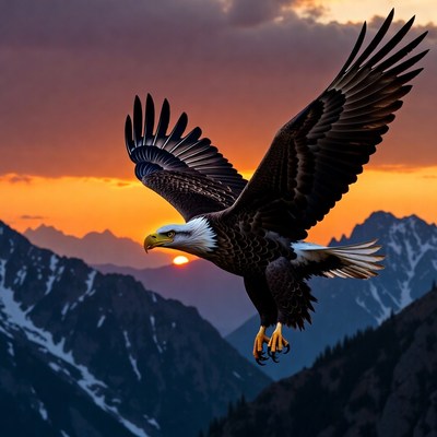 Bald Eagle Flying at Sunset