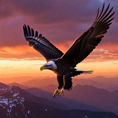 Bald eagle flying over mountains