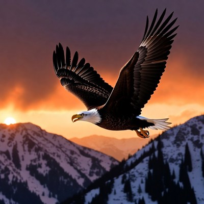 Bald Eagle Flying at Sunset