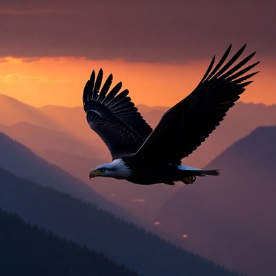 Bald Eagle Flying Over Mountains at Sunset