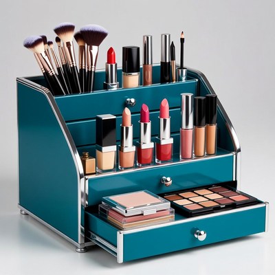 Teal Makeup Organizer with Brushes and Cosmetics