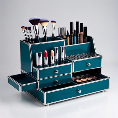 Teal Makeup Organizer with Brushes Lipsticks