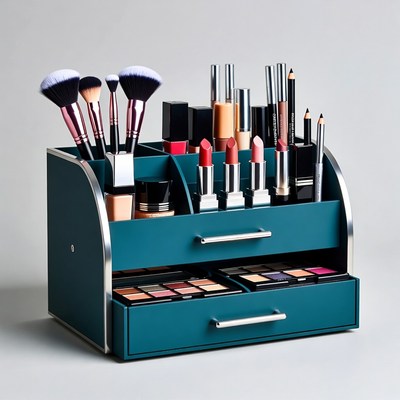 Teal Makeup Organizer with Brushes and Cosmetics
