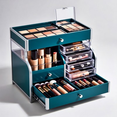 Open Teal Makeup Organizer with Cosmetics
