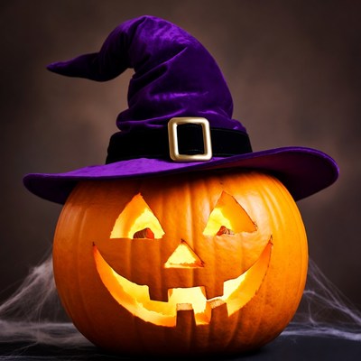 Jack-o'-lantern with purple witch hat