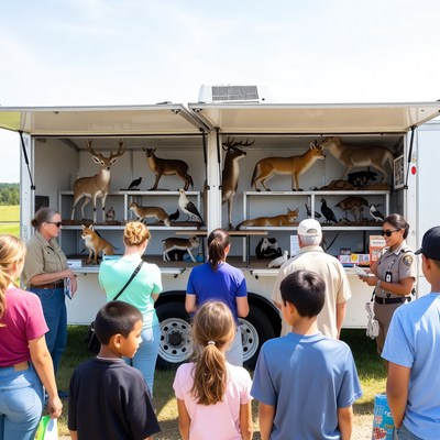Crowd viewing stuffed animals in wildlife trailer