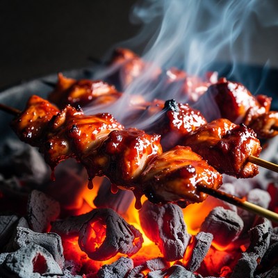 Grilled Chicken Skewers on Charcoal