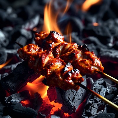 Chicken Skewers Grilling on Charcoal