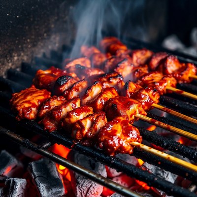 Chicken Skewers Grilling on Barbecue