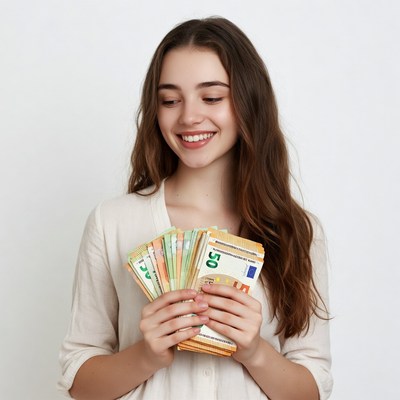 Young woman holding euro banknotes