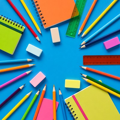 Colorful school supplies on blue background