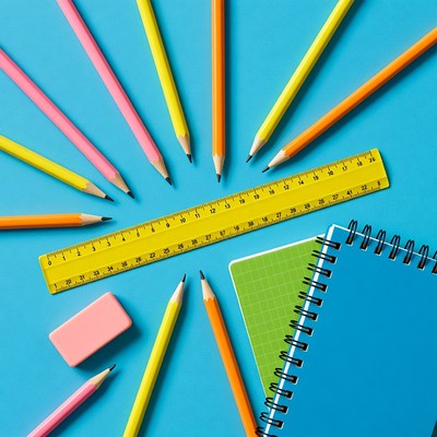 Colorful Pencils and School Supplies on Blue