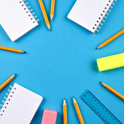 Notebooks Pencils Ruler Erasers Blue Background