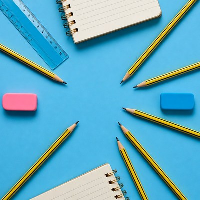 School Supplies on Blue Background