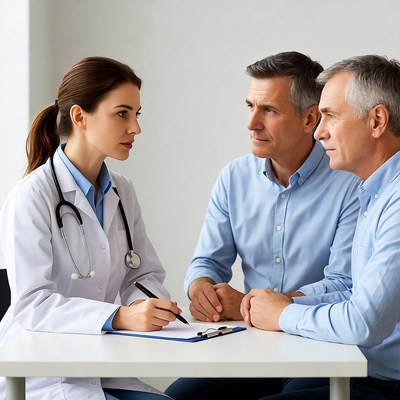 Female doctor consulting two senior men