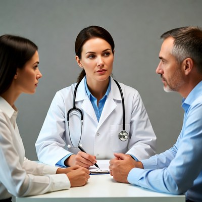 Doctor consulting couple at desk