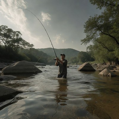 Man fishing in river with rod