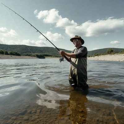 Man fishing in river with rod