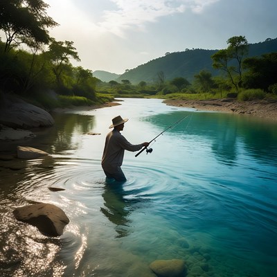 Man fishing in shallow river