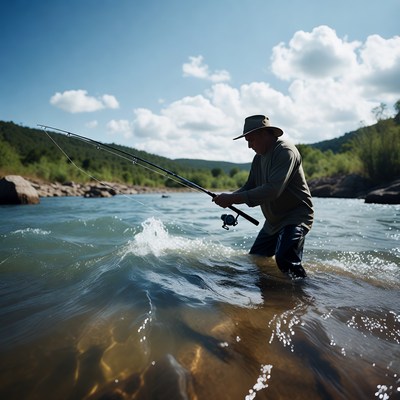 Man fishing in river with rod