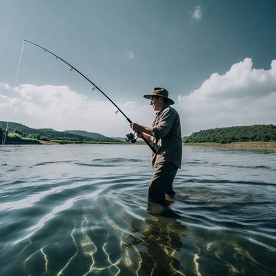 Man fishing in river with rod