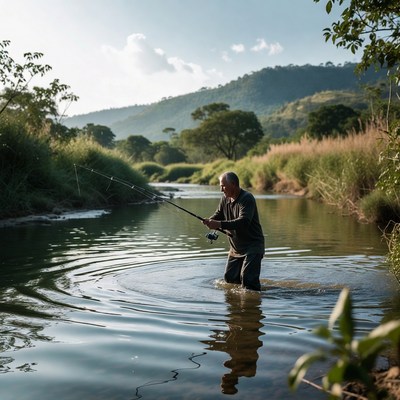 Man fishing in shallow river