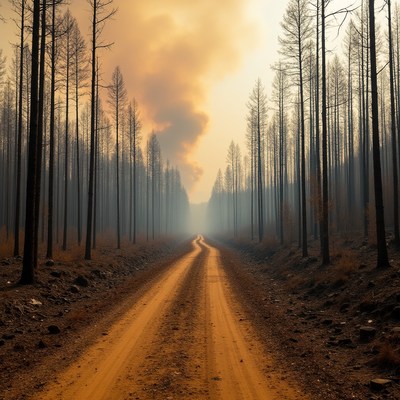 Dirt Road Through Burnt Forest Fire