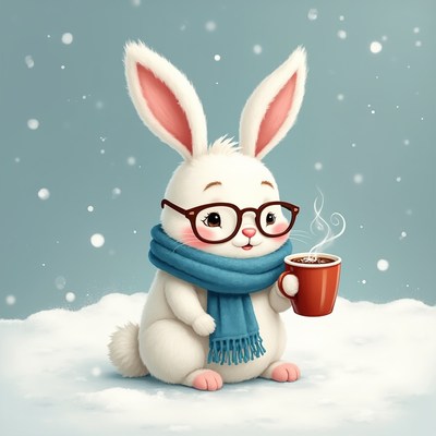 Cute bunny drinking coffee in snow