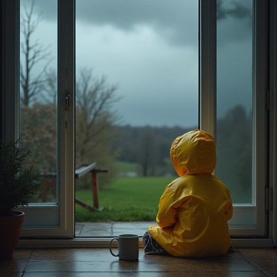 Child in yellow raincoat watching rain