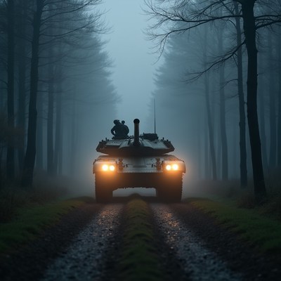 Tank Driving Through Foggy Forest