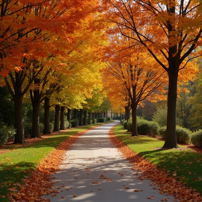 Autumn Path Lined with Orange Maple Trees