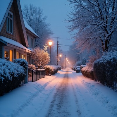 Snowy Street Lined with Houses and Lanterns