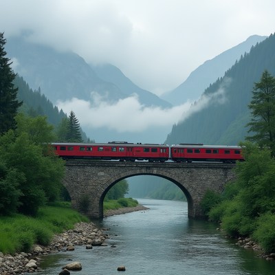 Red Train Crossing Stone Bridge Mountains