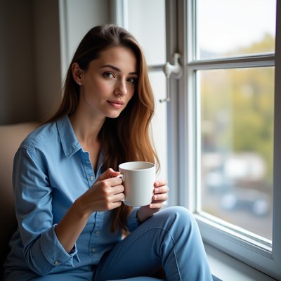Woman holding coffee mug by window