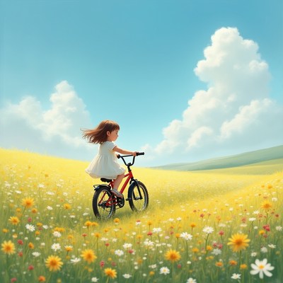 Girl riding bike in yellow flower field