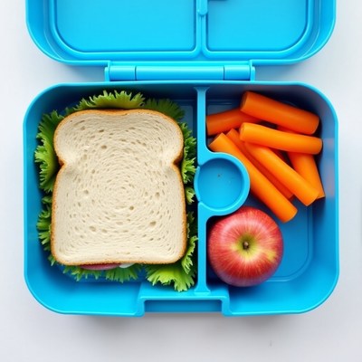 Blue lunchbox with sandwich carrots apple