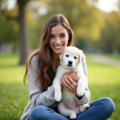 Woman holding cute golden retriever puppy