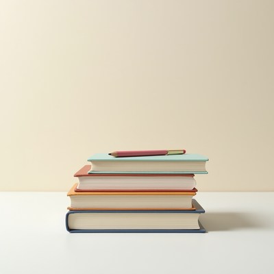 Stack of colorful books with pencil