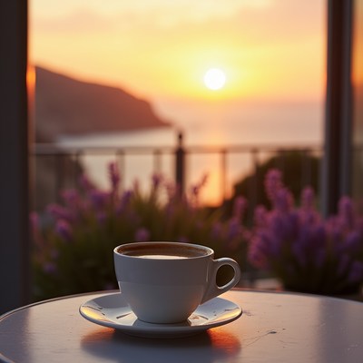 Coffee cup with ocean sunset view