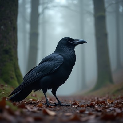 Black raven in misty forest