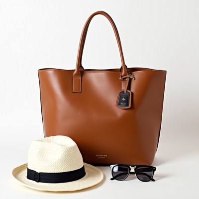 Brown Tote Bag with Straw Hat Sunglasses