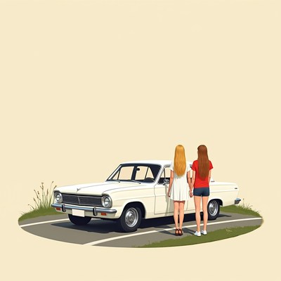 Two women standing by white vintage car