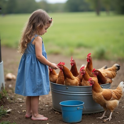 Girl feeding chickens from bucket
