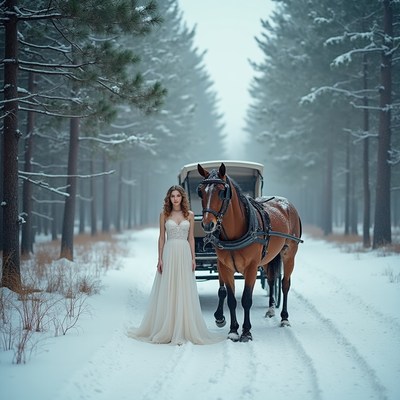 Woman in white gown with horse carriage