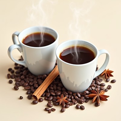 Two steaming coffee cups with spices