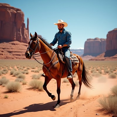 Cowboy riding horse in red rock desert