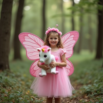 Girl holding unicorn in forest