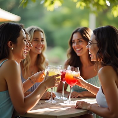 Four women toasting drinks outdoors